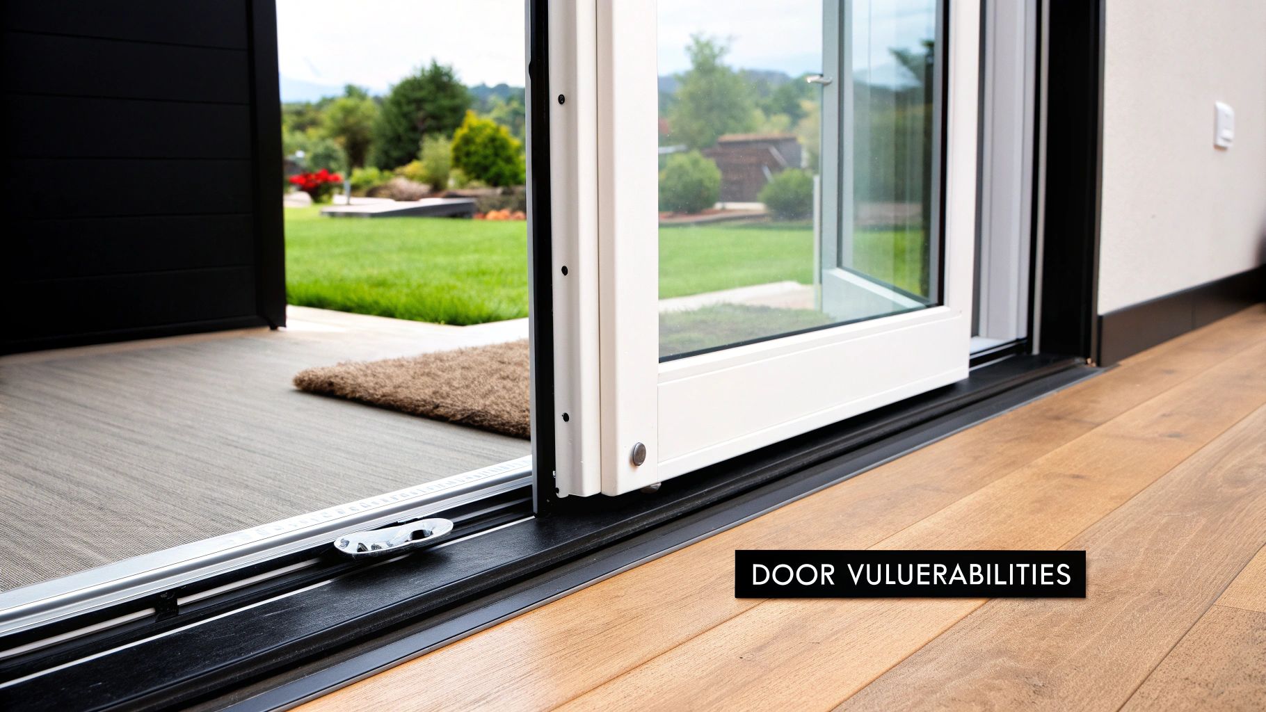 Close-up of a partially open white sliding glass door leading to a green lawn and patio.