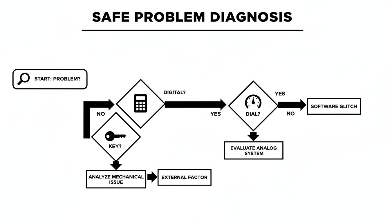 Flowchart detailing safe problem diagnosis, distinguishing between digital, analog, mechanical, and external factors.