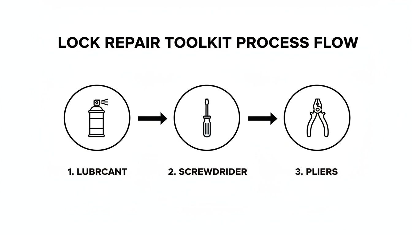 A three-step lock repair toolkit process flow diagram showing lubricant, screwdriver, and pliers in sequence.