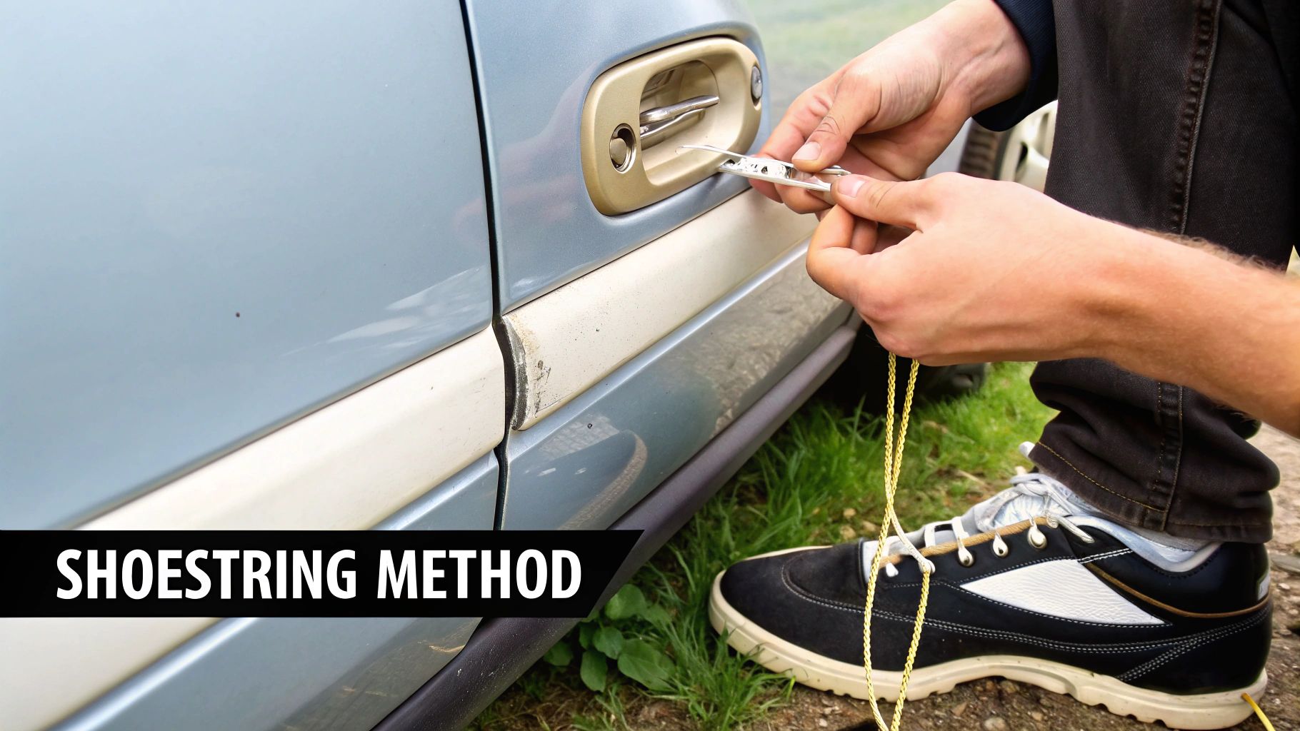 A person attempts to unlock a light blue car door with a tool and a yellow shoestring.