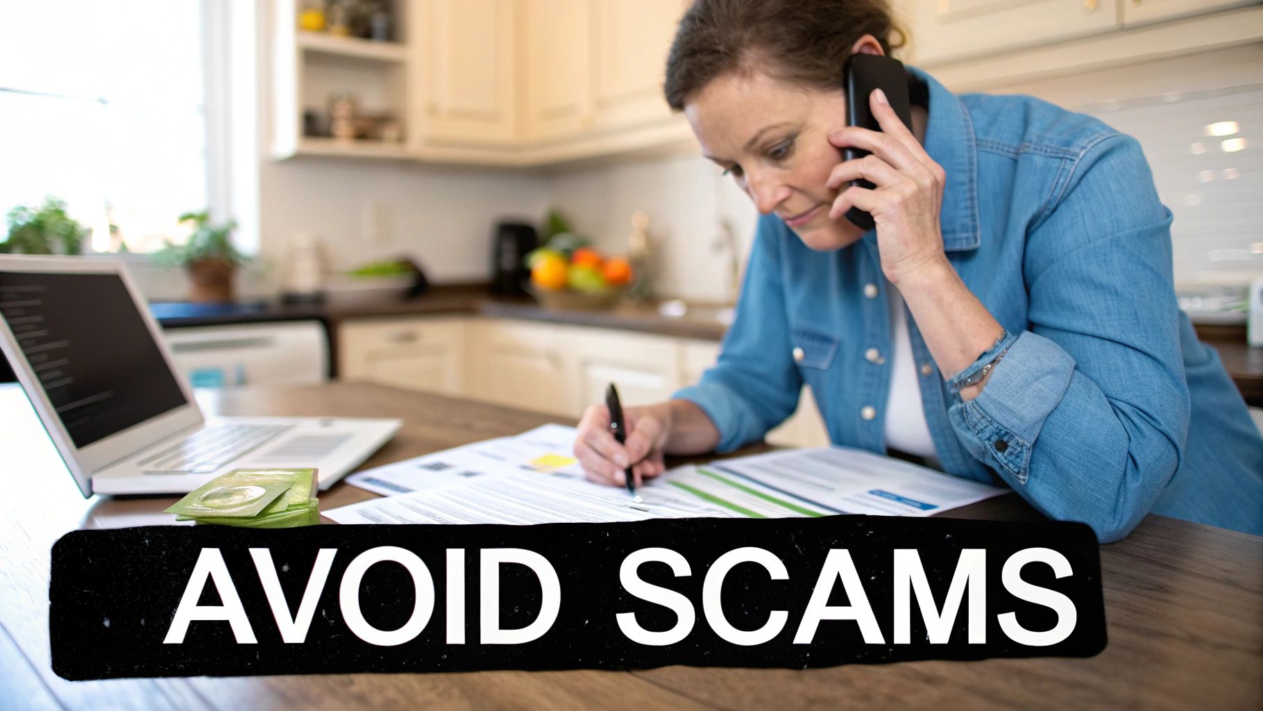 A woman on the phone, writing on documents, with a laptop and "AVOID SCAMS" text.