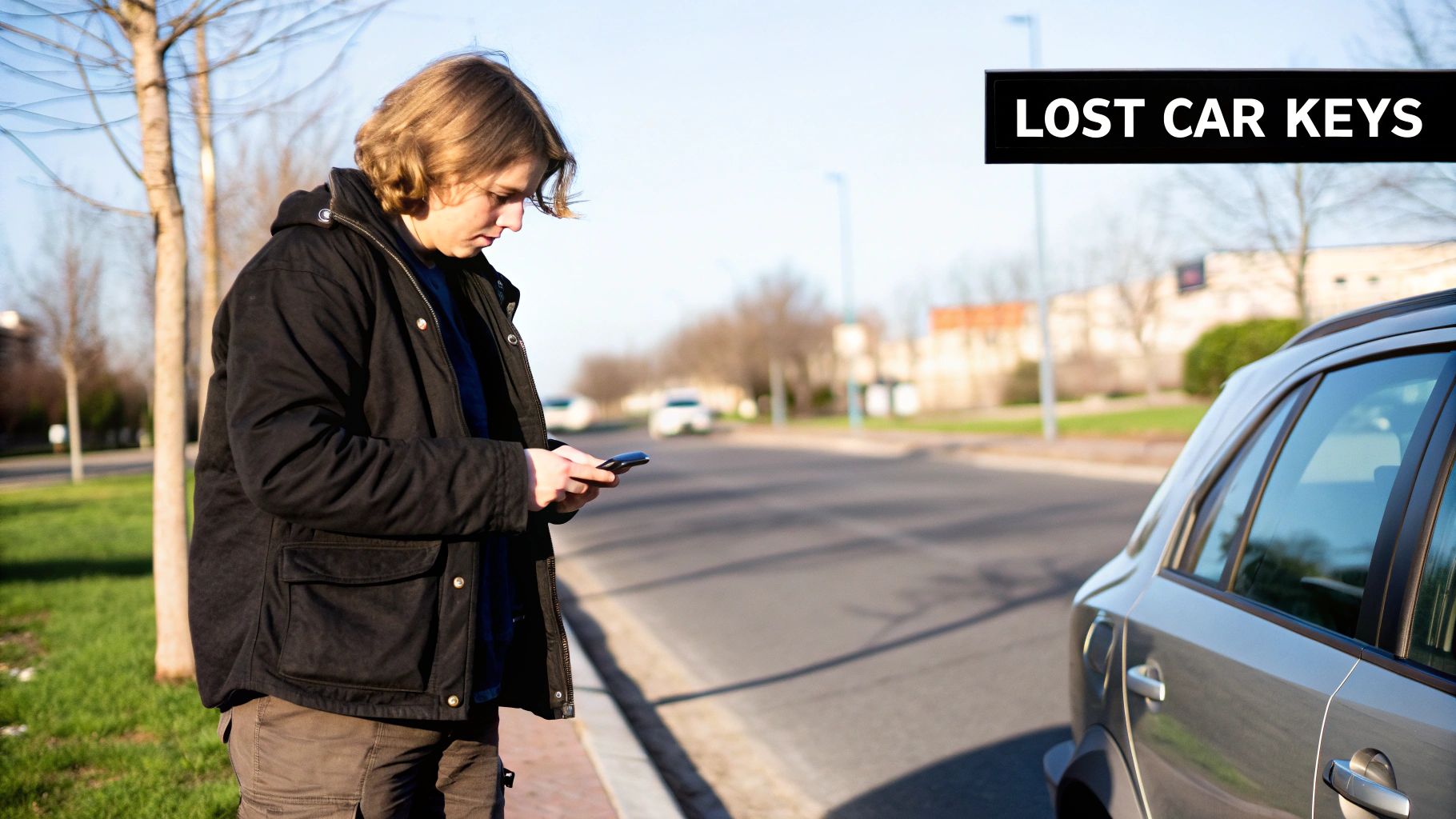A young man, looking worried, stands by a grey car, using his phone, possibly due to lost keys.