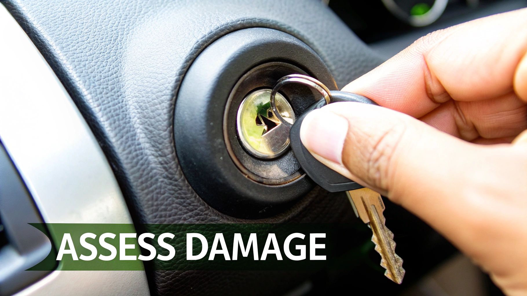 A person's hand inserts a car key into the ignition, with "ASSESS DAMAGE" overlay.