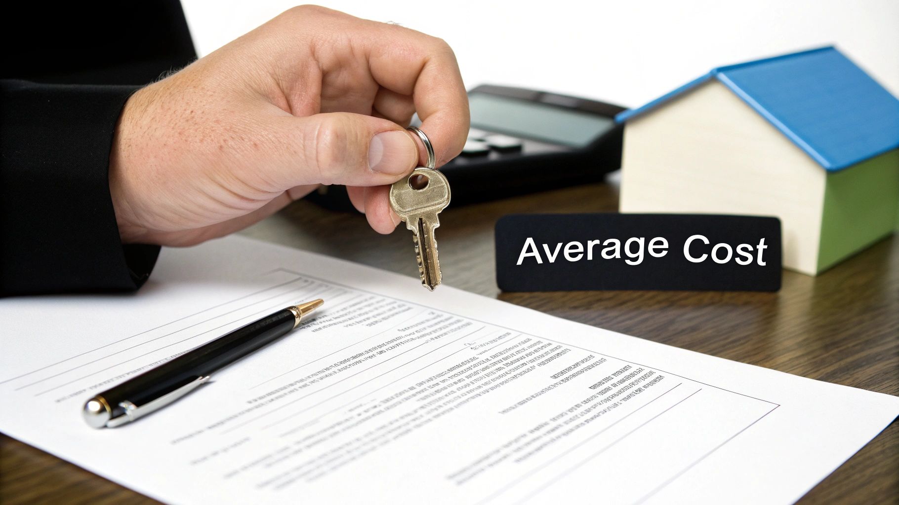 A person's hand holds a house key over a contract with a pen and 'Average Cost' sign.