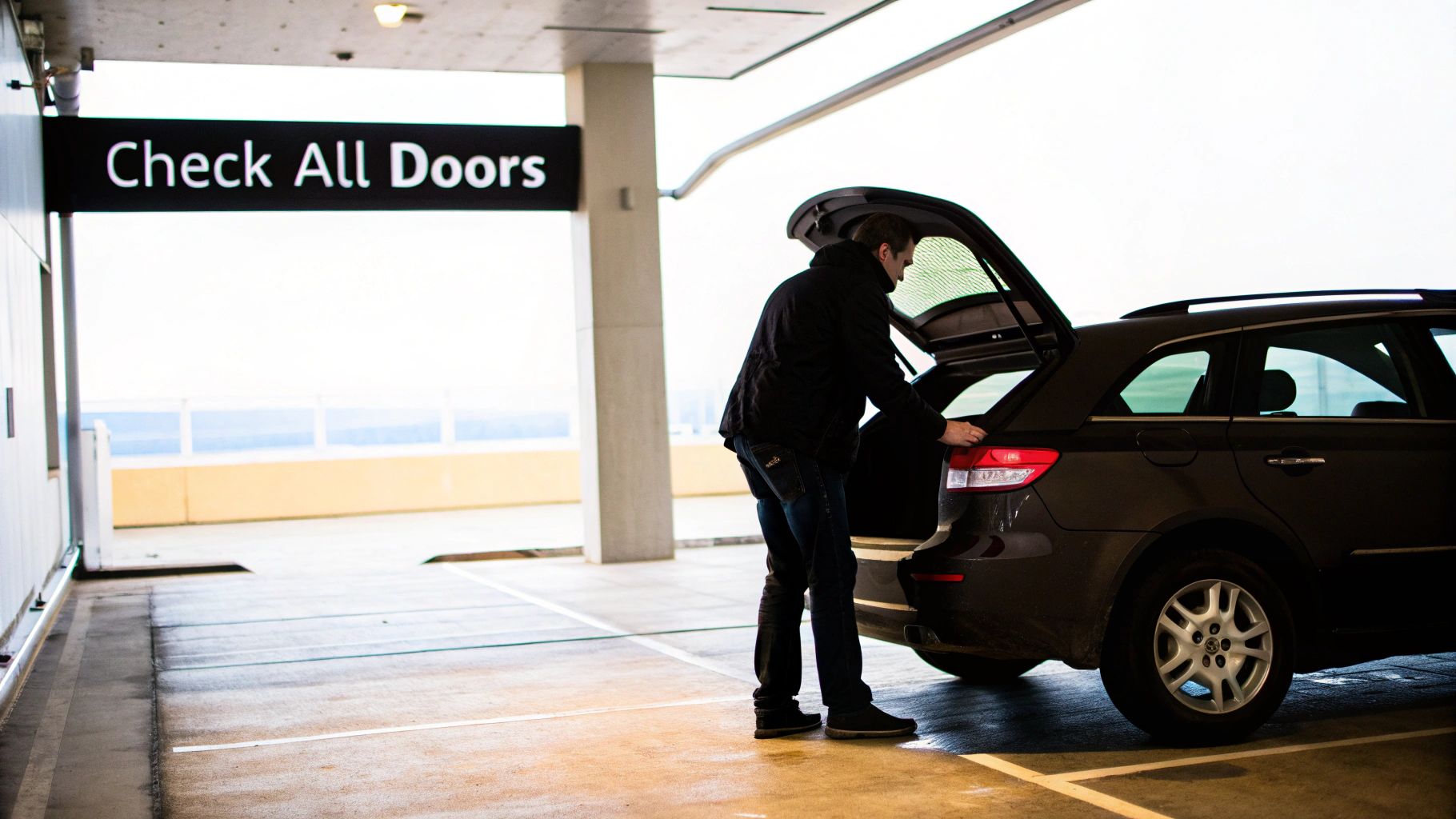 A man in a dark jacket is closing the open trunk of a black SUV in a parking garage.