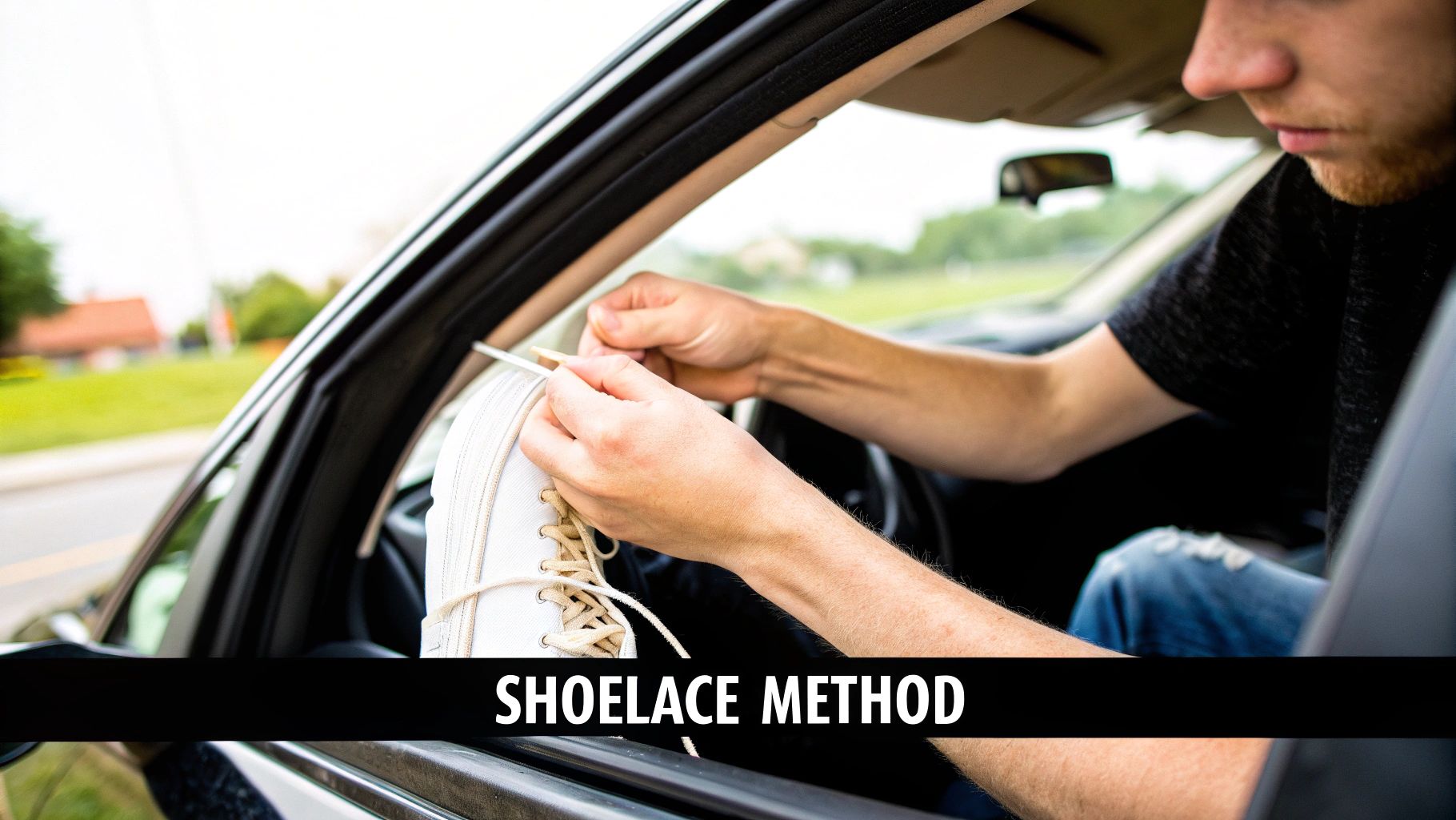 A man sitting in a car carefully adjusting the shoelace on a white sneaker.