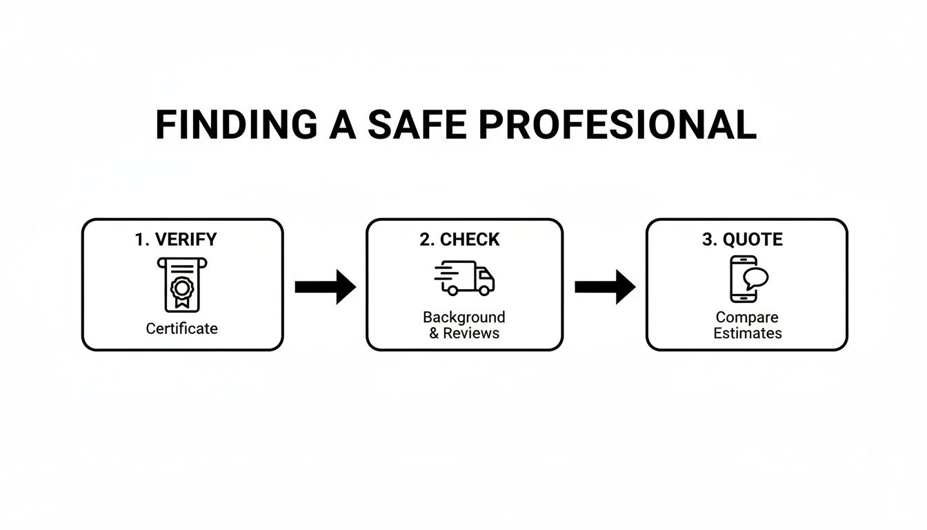 Flowchart showing three steps to finding a safe professional: verify, check, and quote.