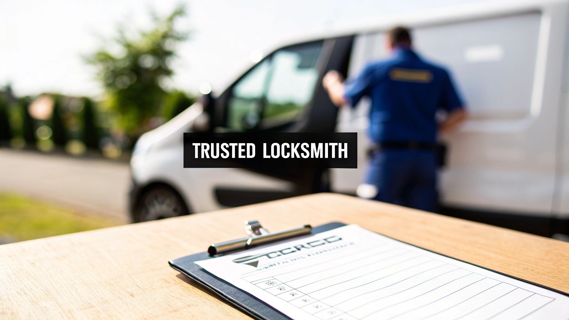 A trusted locksmith in uniform stands by a white van, with a clipboard and pen in the foreground.