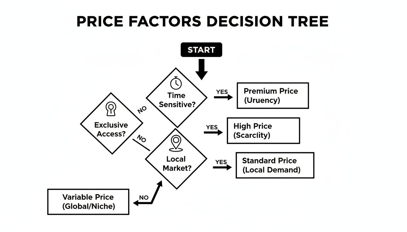 A price factors decision tree flowchart showing various questions leading to different pricing strategies.