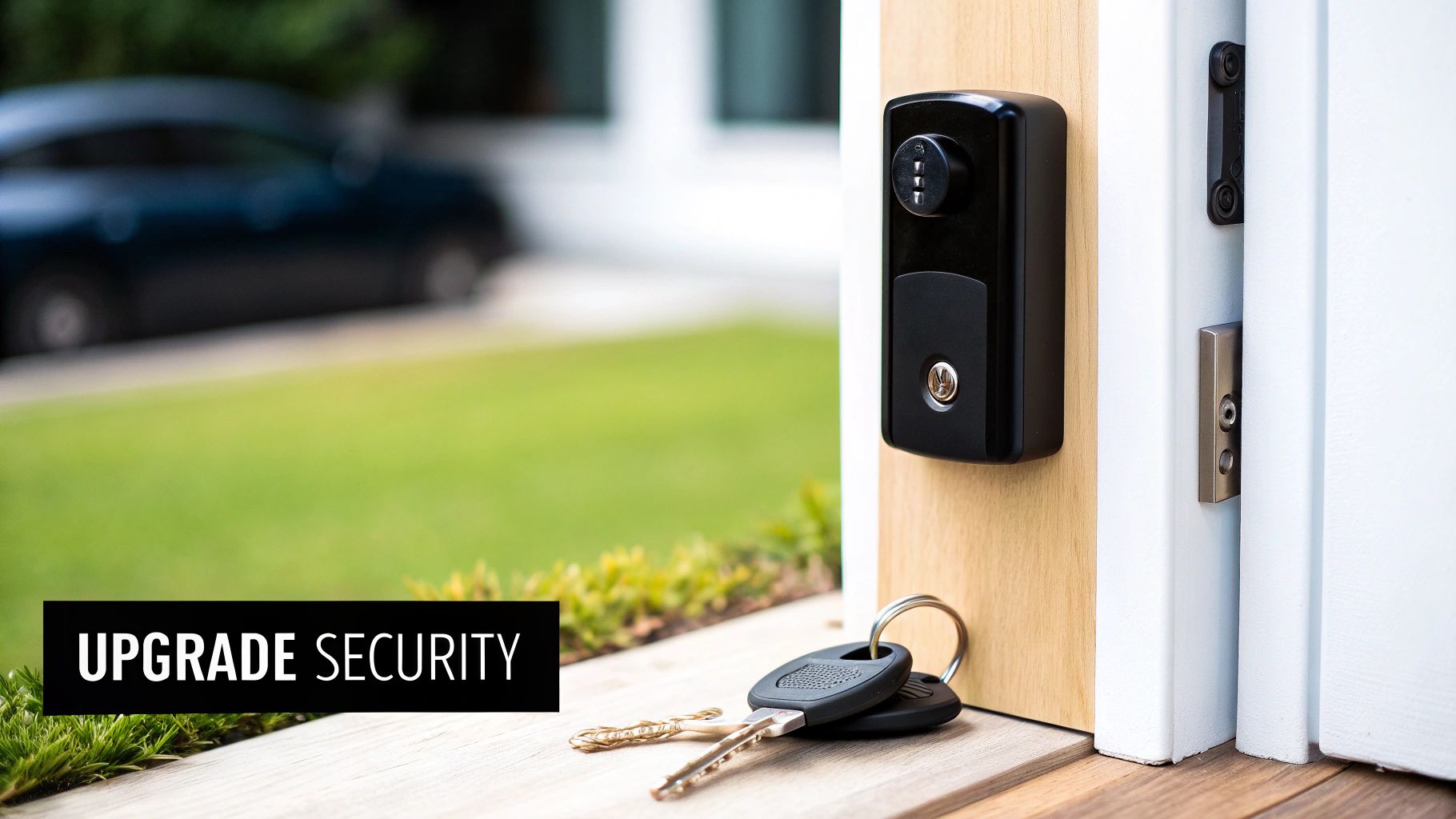 A black smart lock is installed on a wooden door frame with a set of keys below it, indicating a home security upgrade.