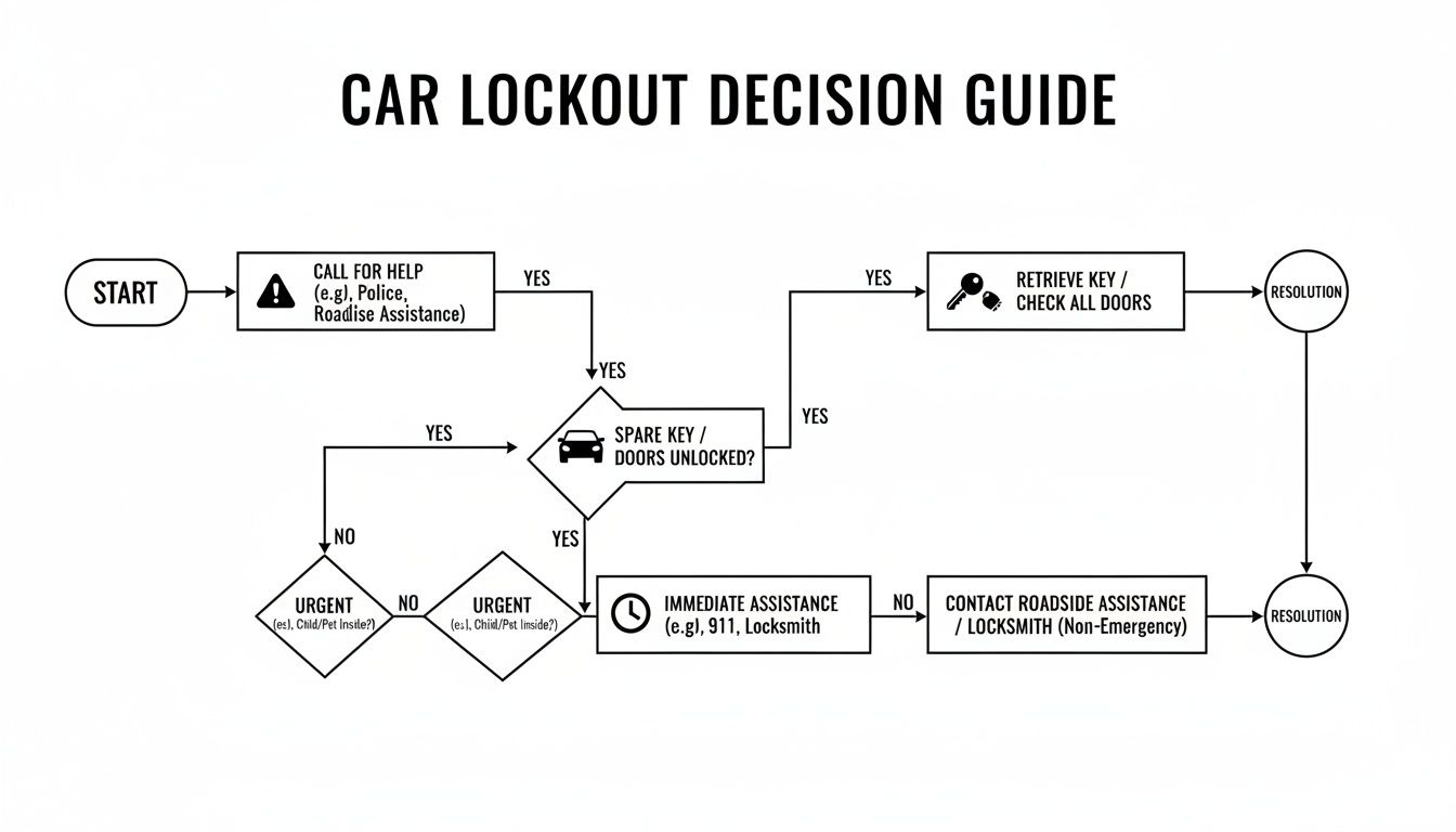 Decision guide flowchart for car lockouts, detailing steps from start to resolution based on urgency.