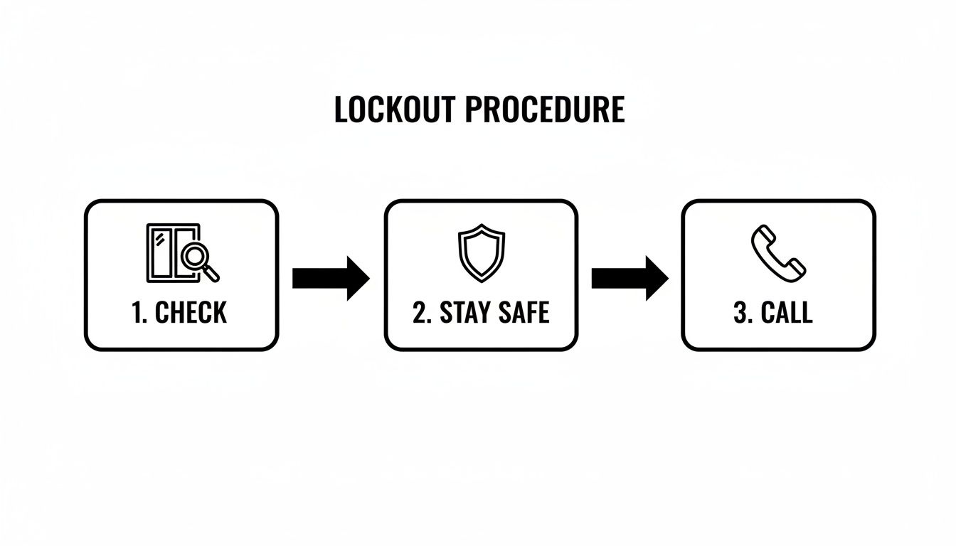 An infographic outlining a lockout procedure, displaying three steps: Check, Stay Safe, and Call, each with an icon.
