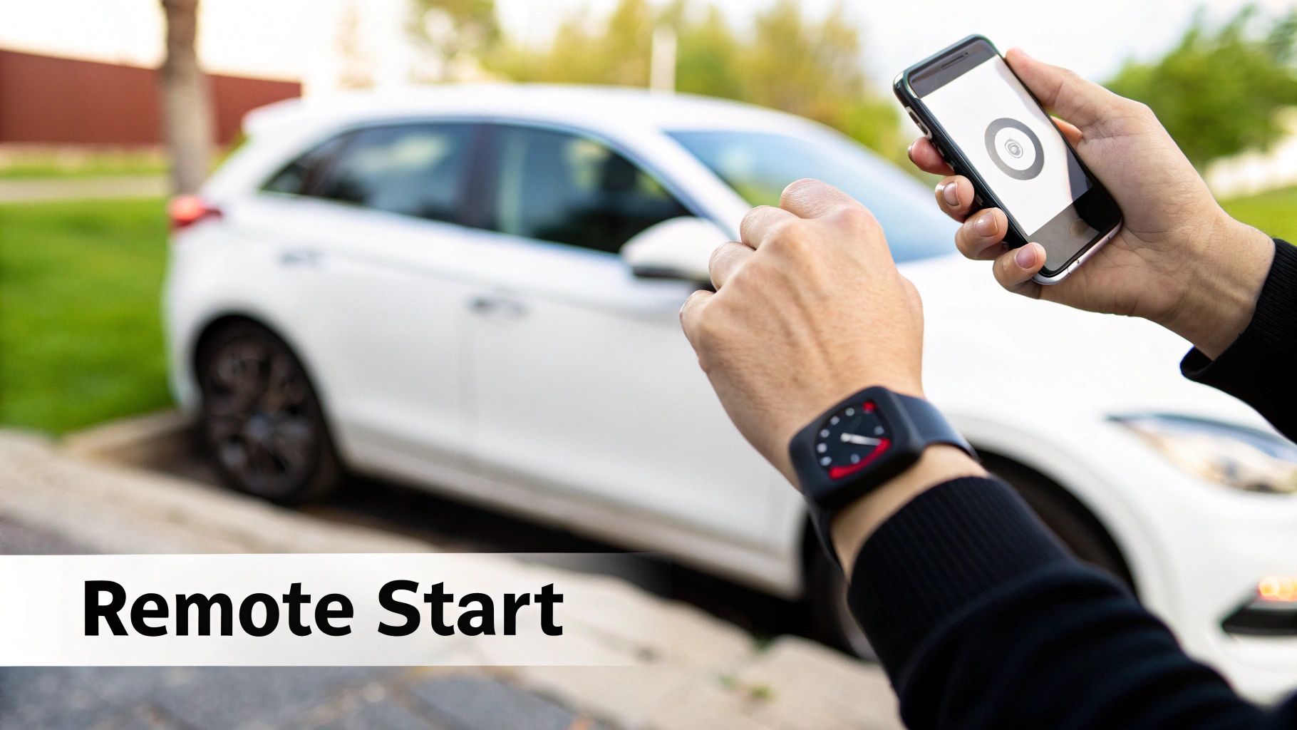 A person uses a smartphone and smartwatch to remotely start a white car.