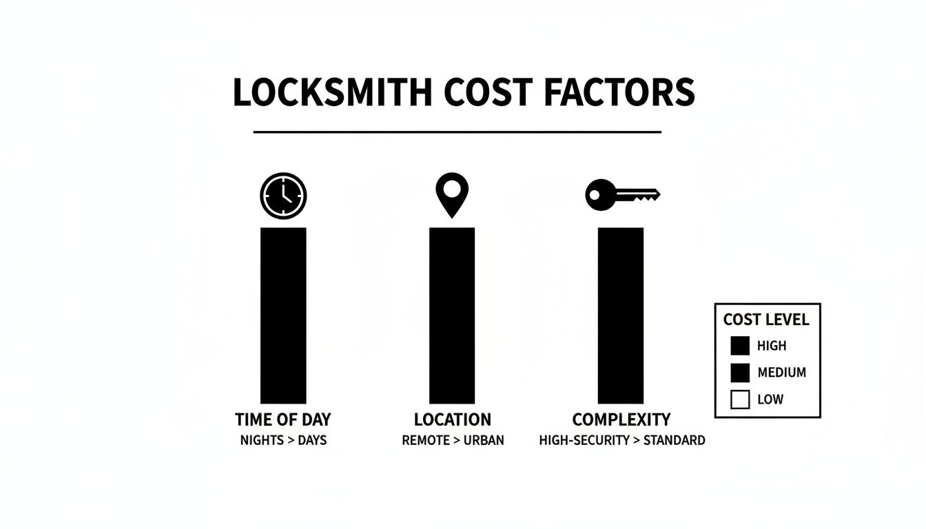 Infographic illustrating factors that influence locksmith service costs: time, location, and complexity.