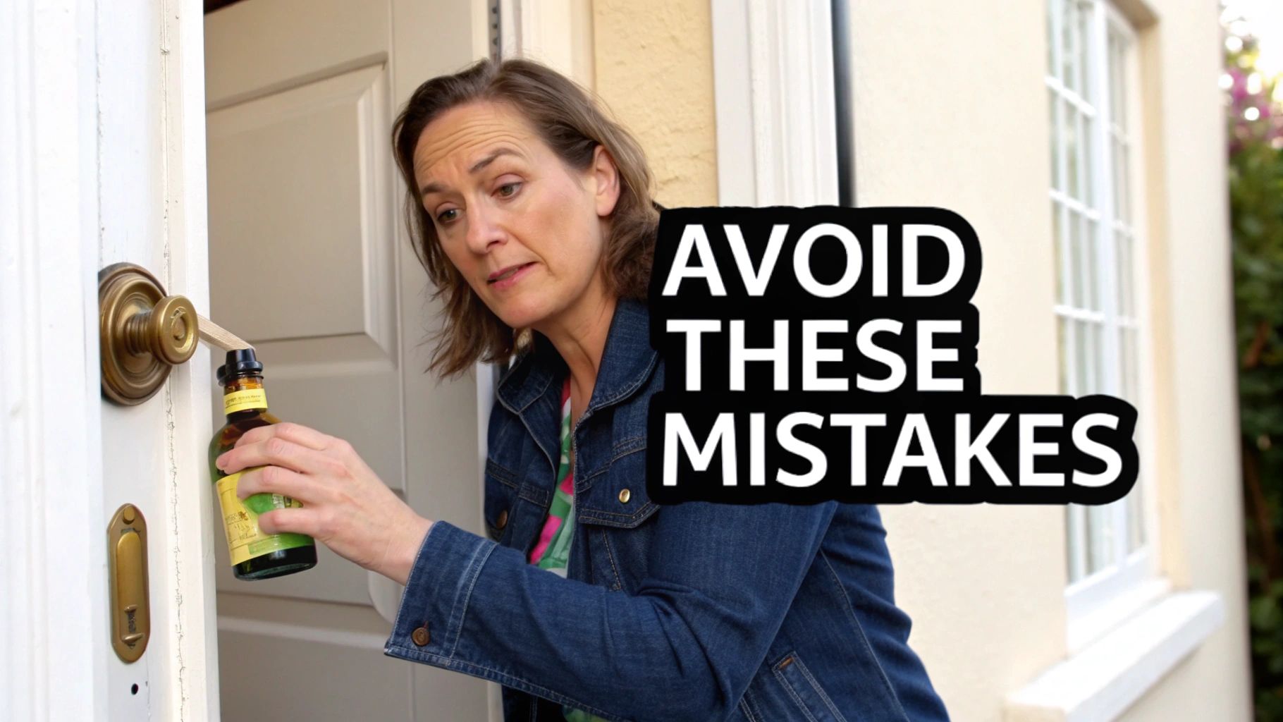 A woman struggles with a bottle stuck in a door lock, illustrating a common household mistake.