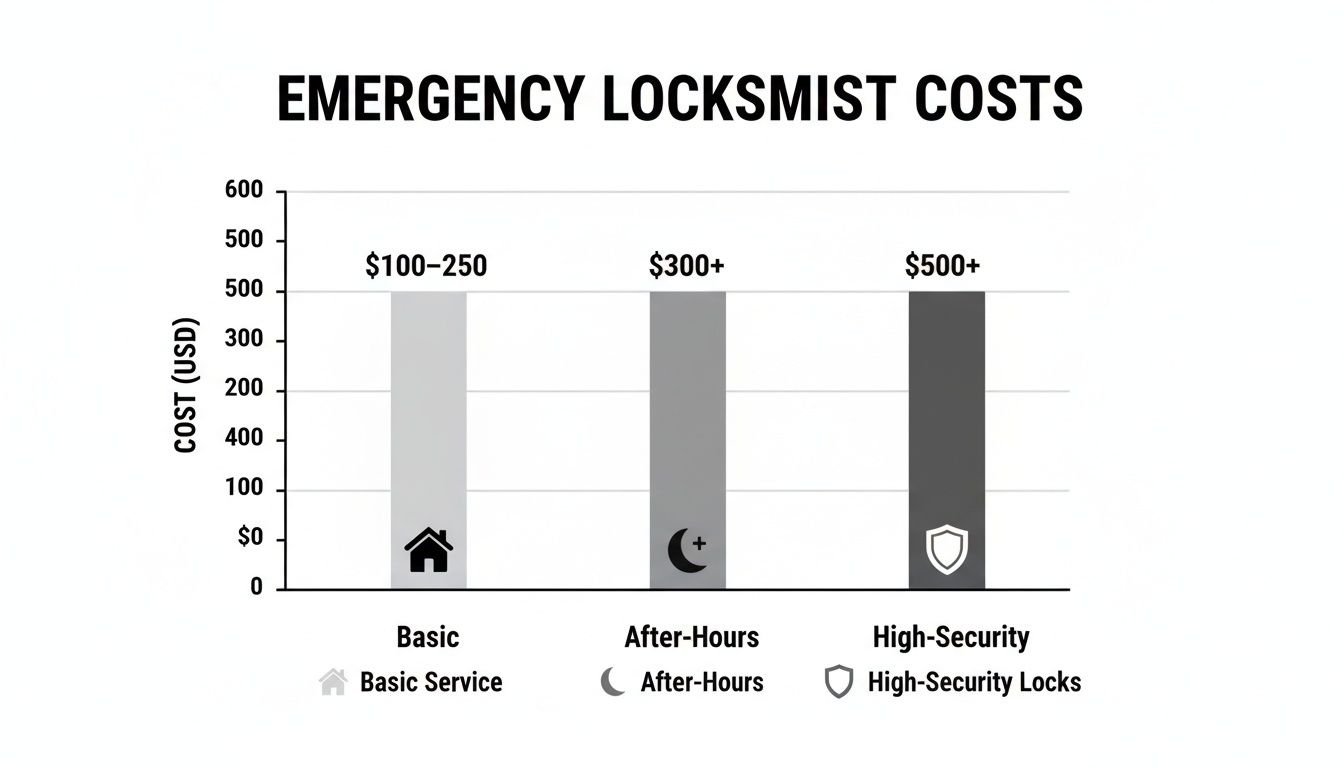 Bar chart showing emergency locksmith costs for basic, after-hours, and high-security services in USD.