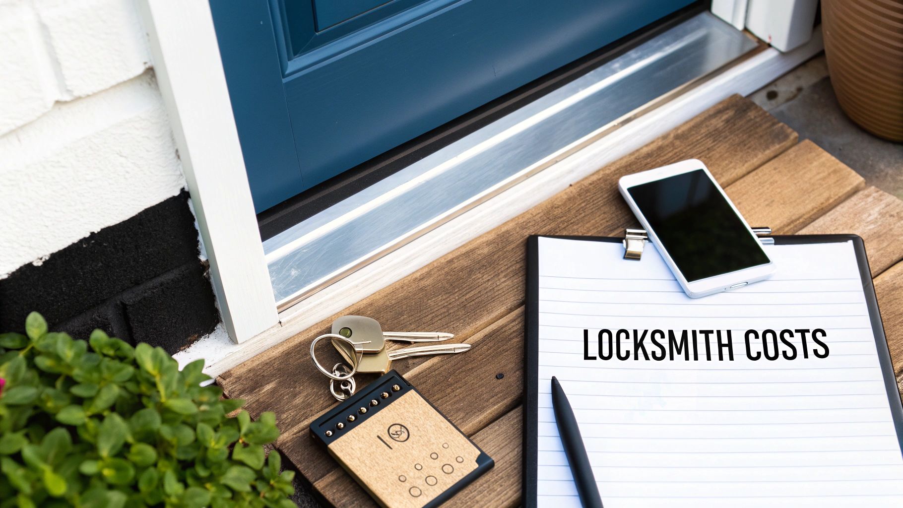 A clipboard with 'LOCKSMITH COSTS' written on it, next to house keys and a smartphone.