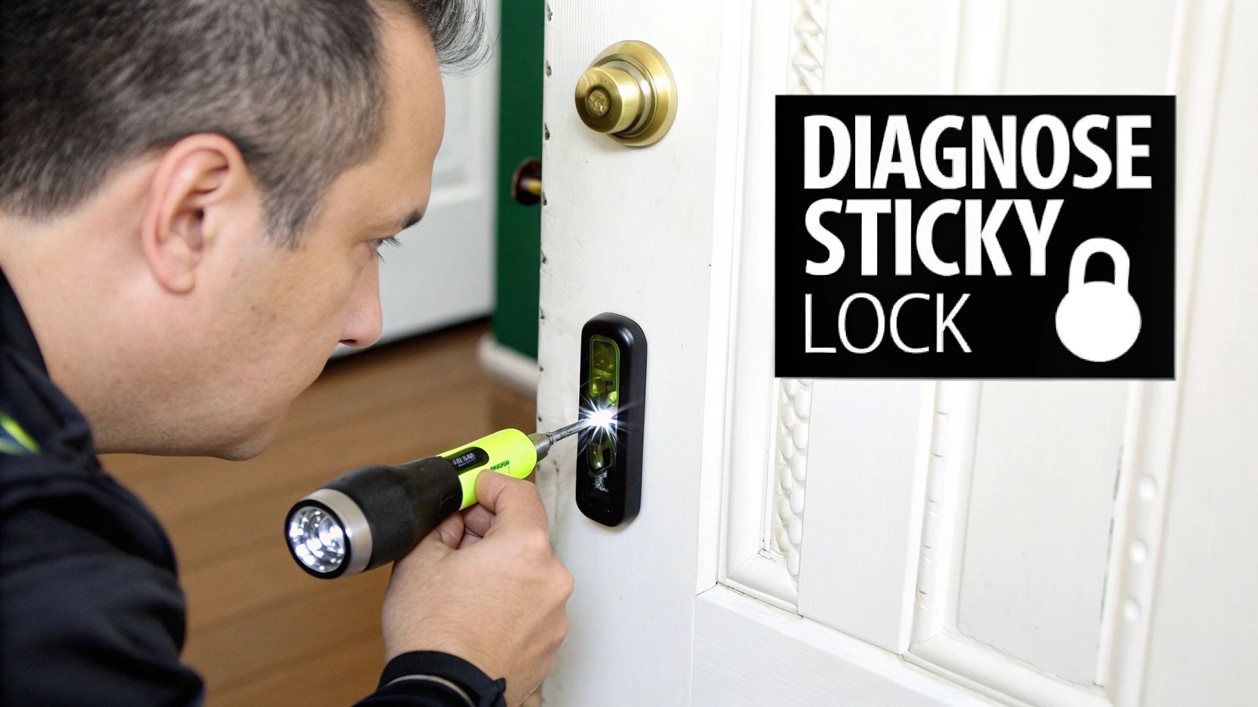 A man uses a multi-tool with a flashlight to examine a door lock, diagnosing a sticky mechanism.