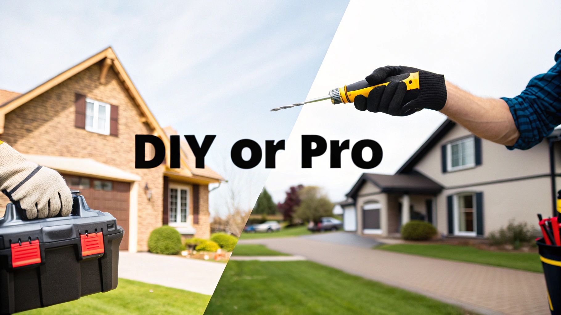 A split image contrasting DIY with professional services, showing a toolbox on the left and a drill on the right with houses.