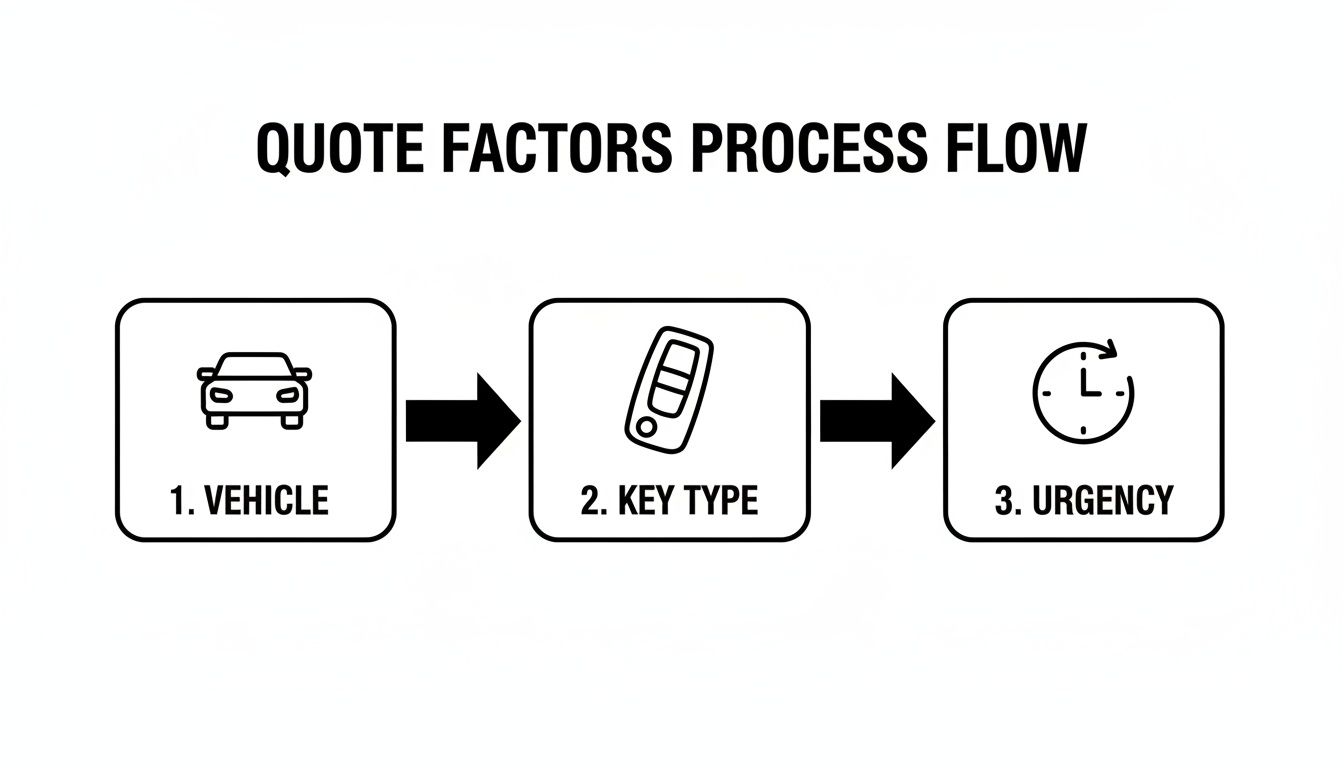 A process flow diagram showing three factors for a quote: vehicle, key type, and urgency.