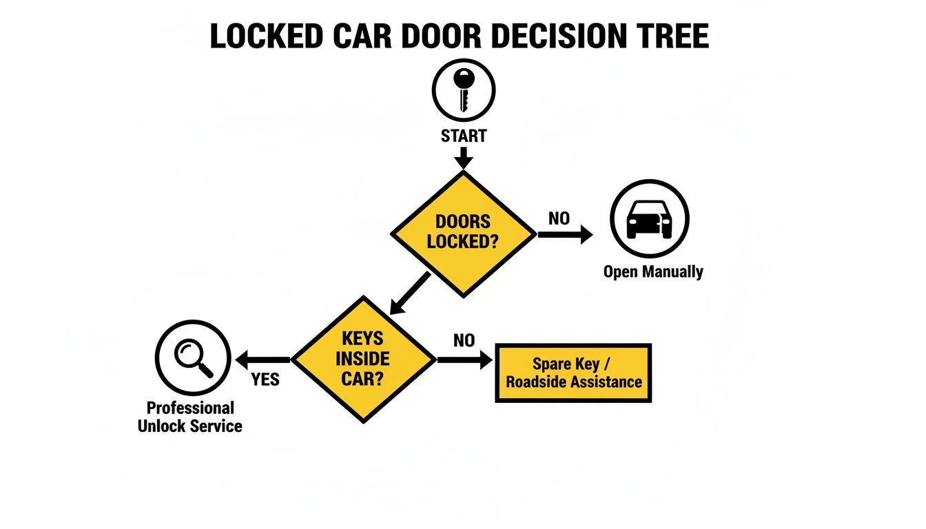 Flowchart decision tree illustrating steps to take when dealing with a locked car door.