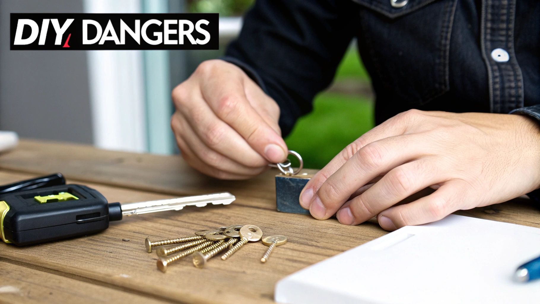 A person's hands are shown working on a lock with keys and screws on a wooden table.