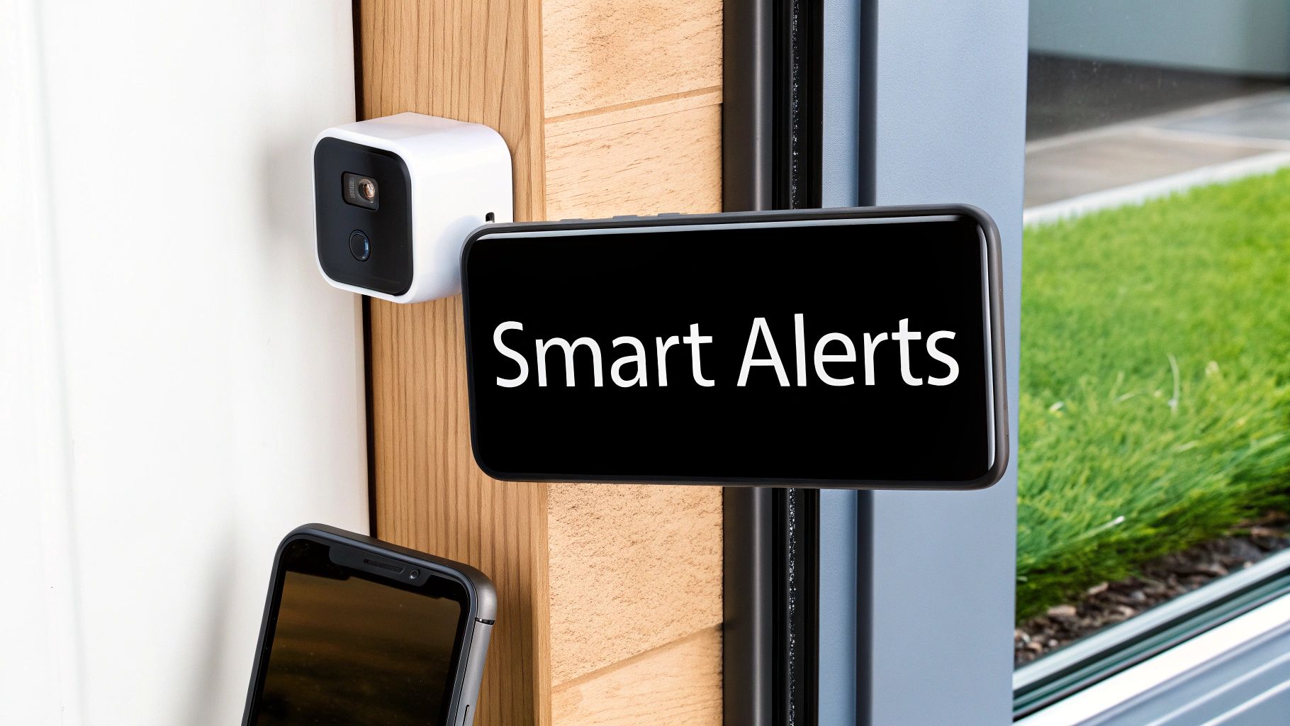 A white smart security camera and a smartphone near a wooden door frame, with a screen showing 'Smart Alerts'.