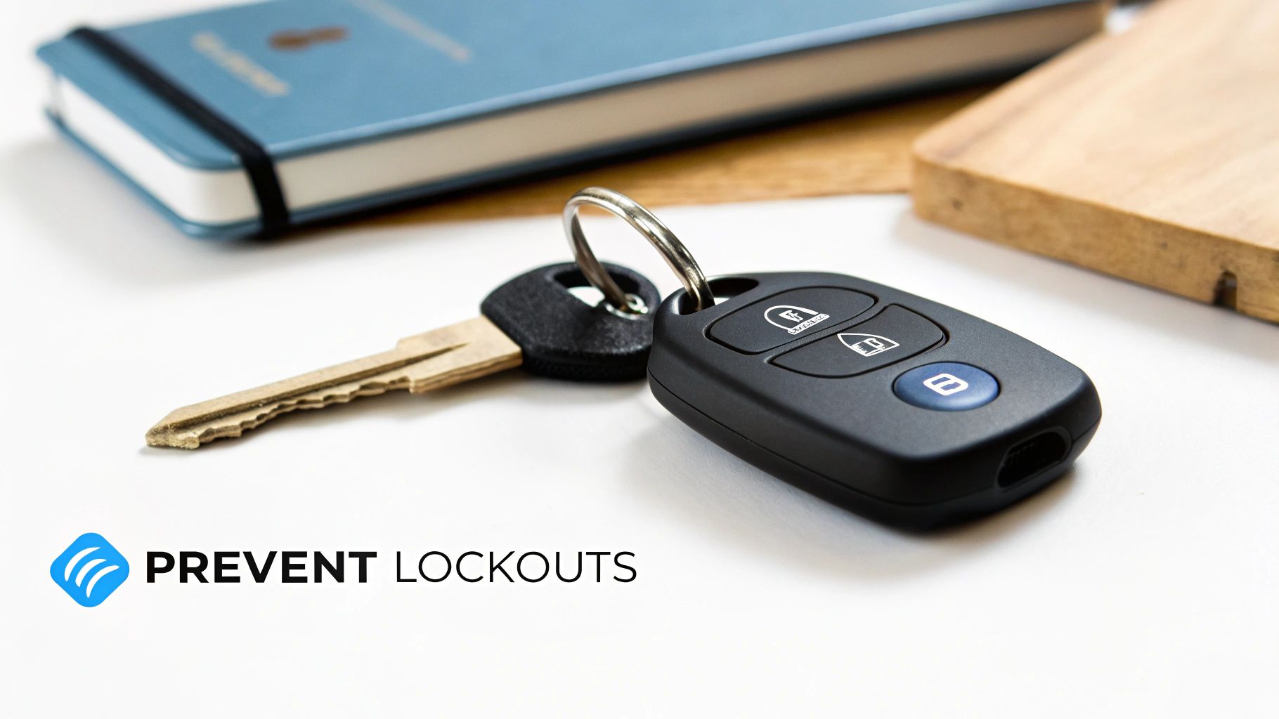 A car key and a black remote key fob with lock/unlock buttons on a white surface next to a notebook.