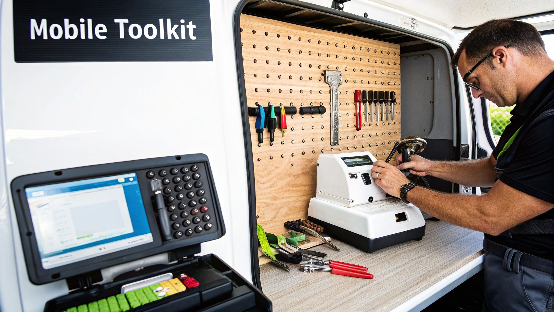 A mobile technician operates a key cutting machine inside a service van, featuring a toolkit and tablet.
