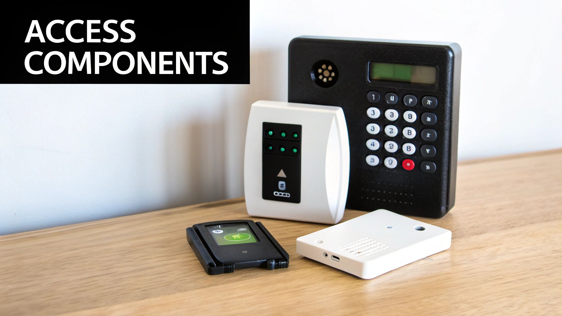 Various access control system components including keypads, readers, and modules on a wooden surface.