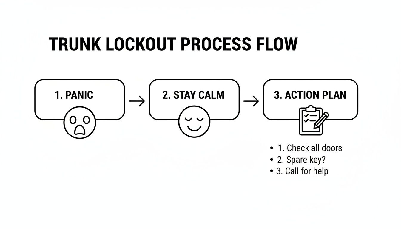 A flowchart outlining a trunk lockout process, showing steps to panic, stay calm, and an action plan.