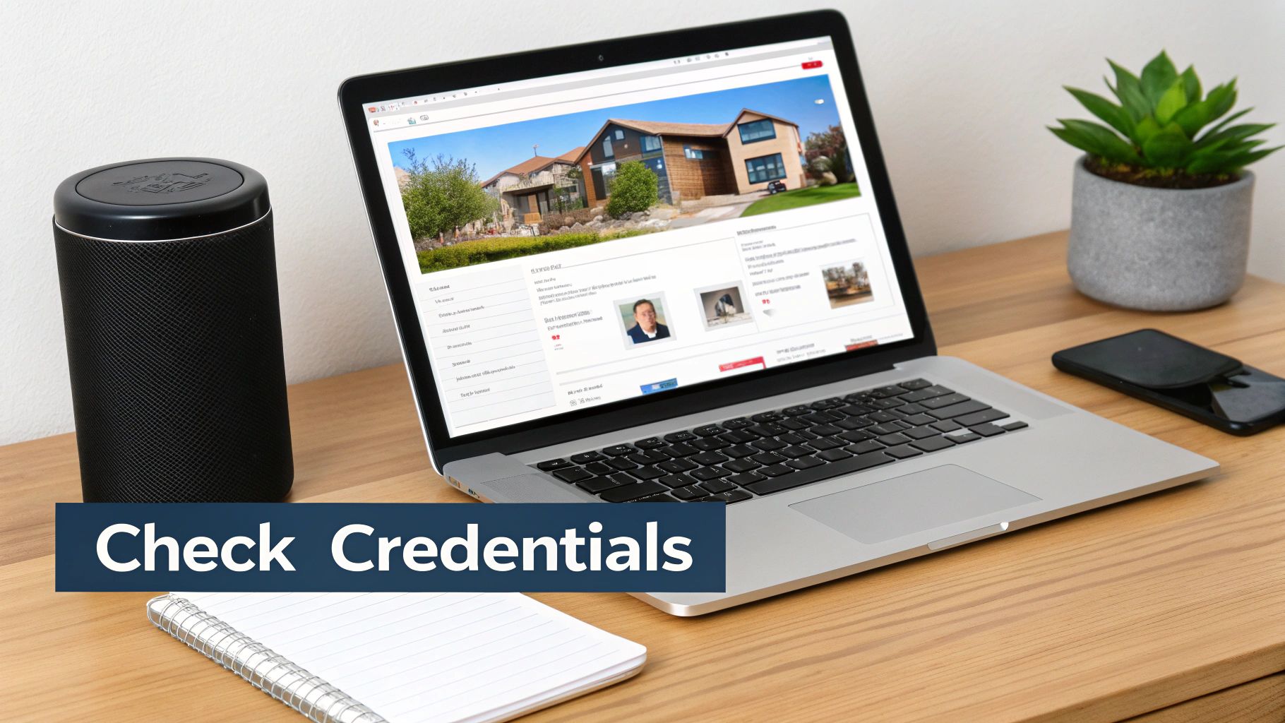 A professional workspace featuring a laptop displaying a house listing, a speaker, plant, phone, and notebook on a wooden desk.
