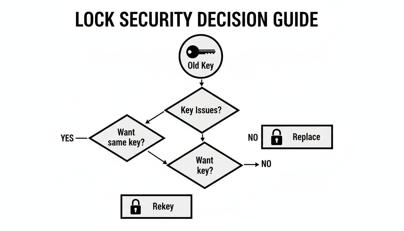 Flowchart guiding decisions for lock security: rekeying or replacing based on key issues and preference.