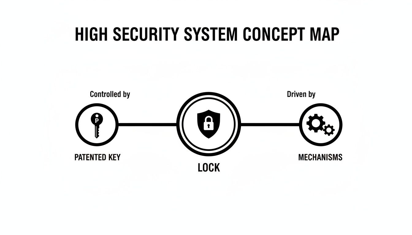A concept map shows a patented key controlling a lock, which in turn drives mechanisms for a high security system.
