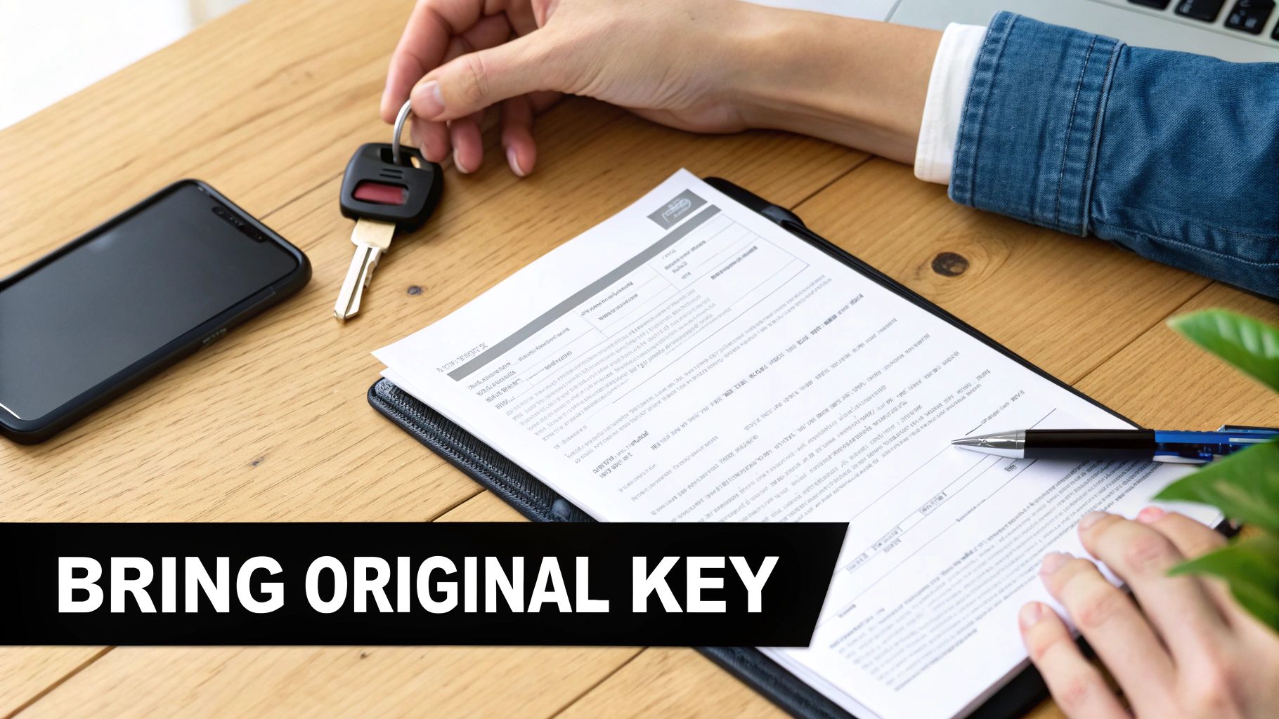 Close-up of a hand holding a car key above a contract and smartphone on a wooden table.