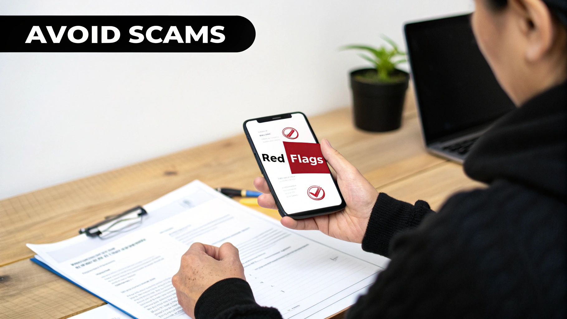 Person reviewing documents while holding a phone showing 'Red Flags' to avoid scams.