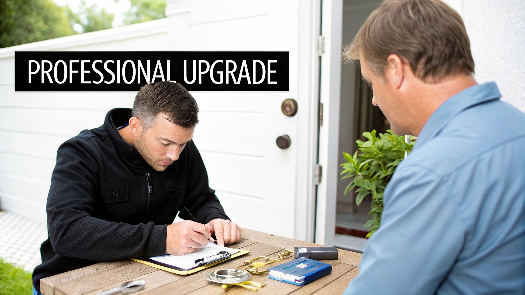 A service technician writing on a clipboard for a client, next to a 'Professional Upgrade' banner.