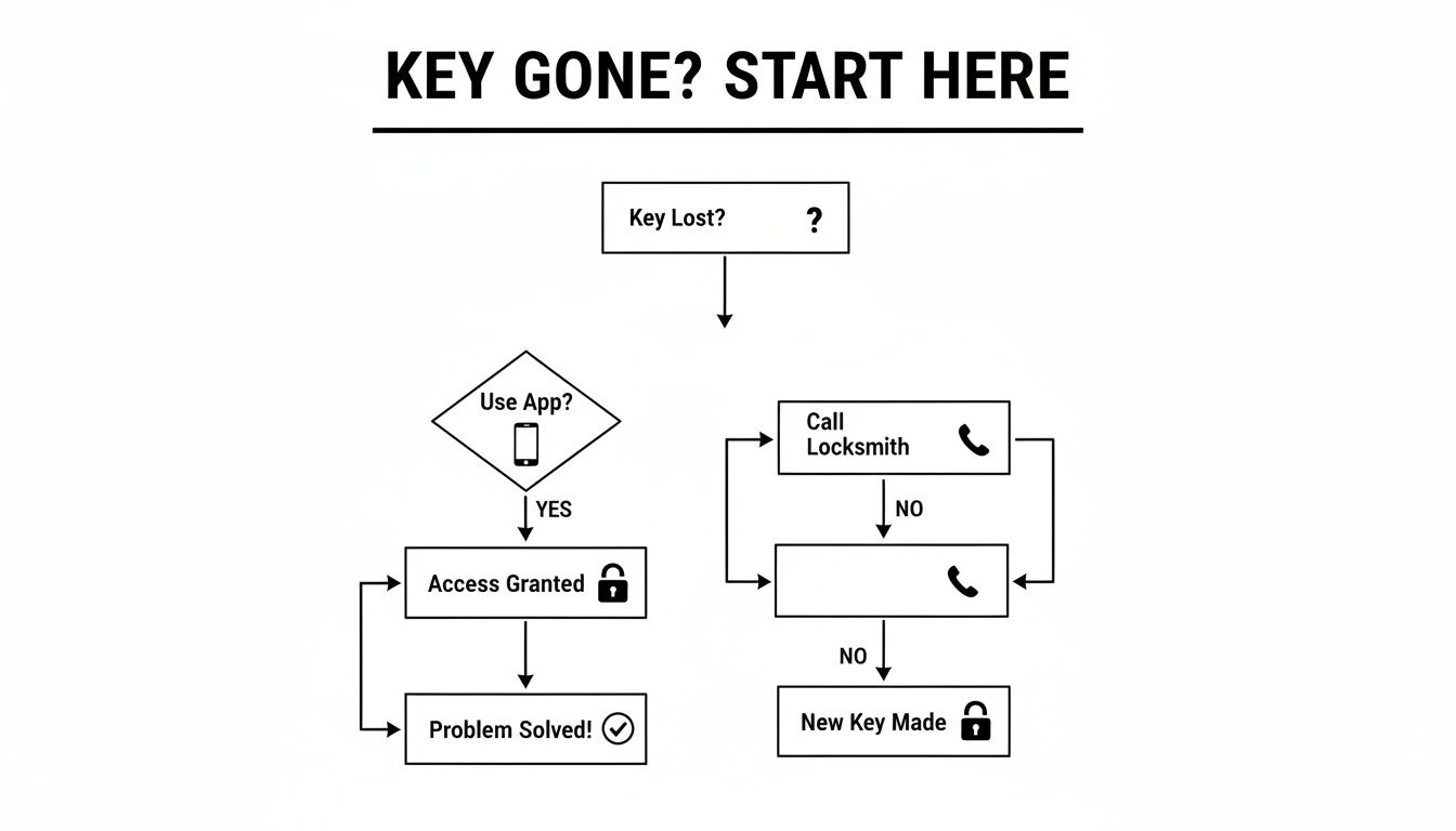 Flowchart showing steps to take when a key is lost, offering solutions like using an app or calling a locksmith.