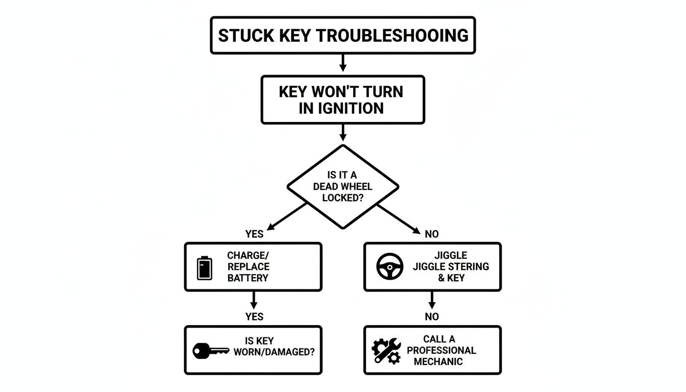 A troubleshooting flowchart showing steps for a car key that won't turn in the ignition.