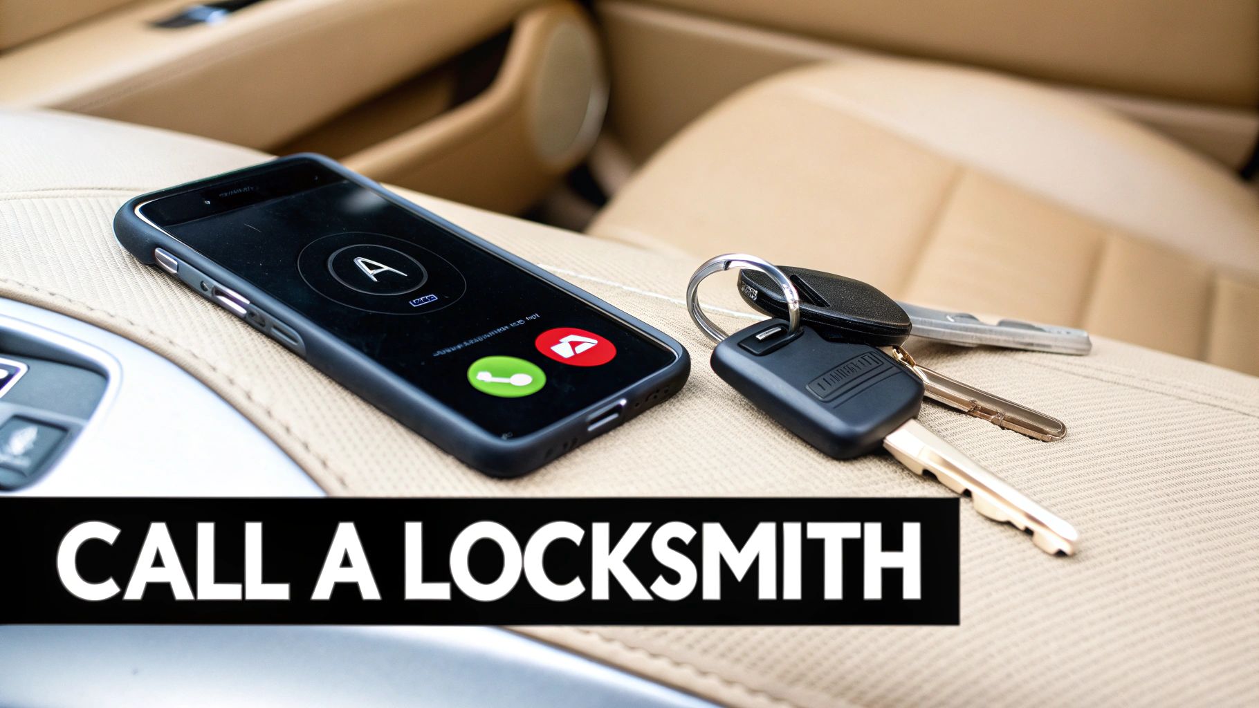 A smartphone on a car seat showing an incoming call next to a set of car keys, with text 'CALL A LOCKSMITH'.