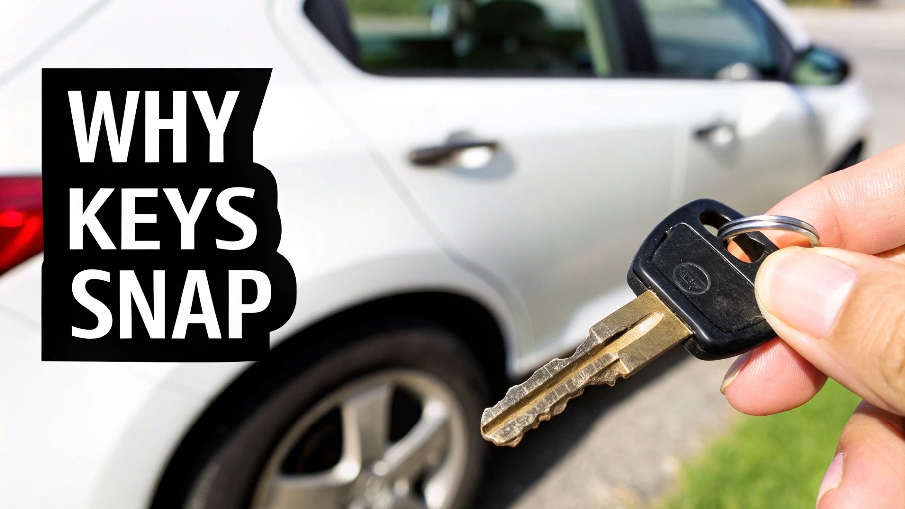 A person's hand holds a car key with a metal ring, a white car blurred in the background, and text 'WHY KEYS SNAP'.