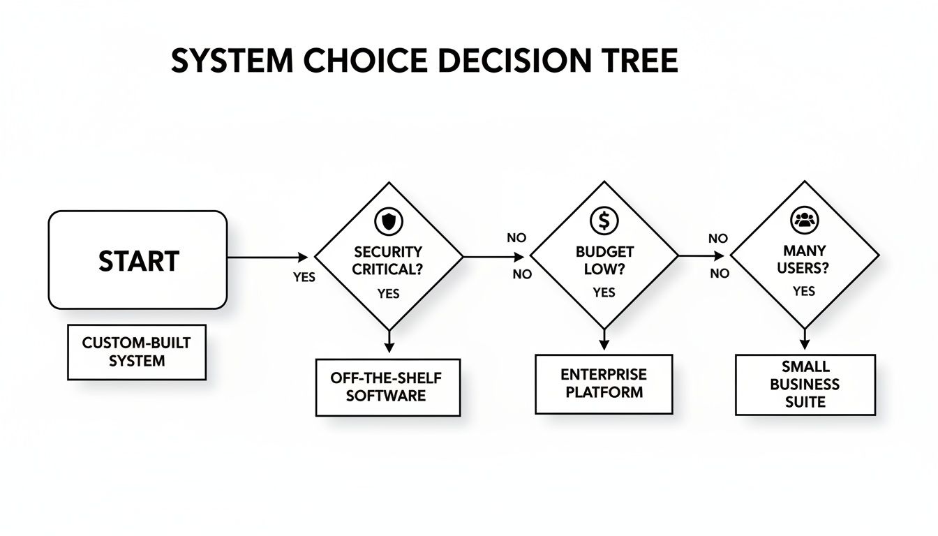 System choice decision tree diagram showing paths based on security, budget, and user needs.