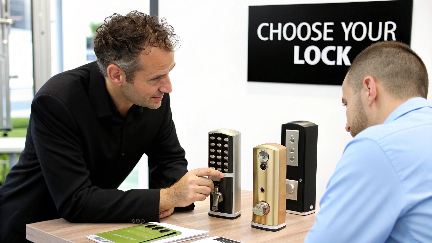 A man in a black shirt points to a digital door lock while demonstrating it to a customer.