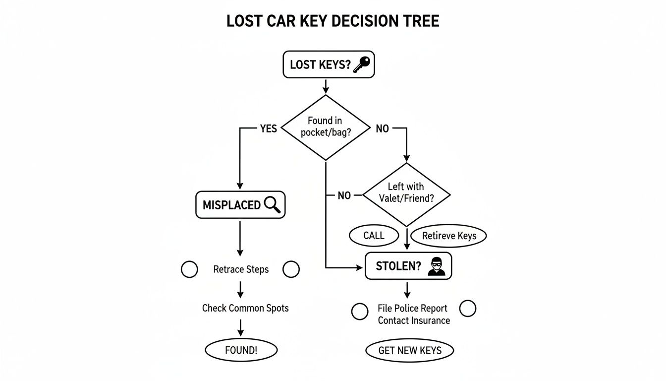 A decision tree flowchart for lost car keys, guiding users through steps like checking pockets, contacting valets, or reporting theft.