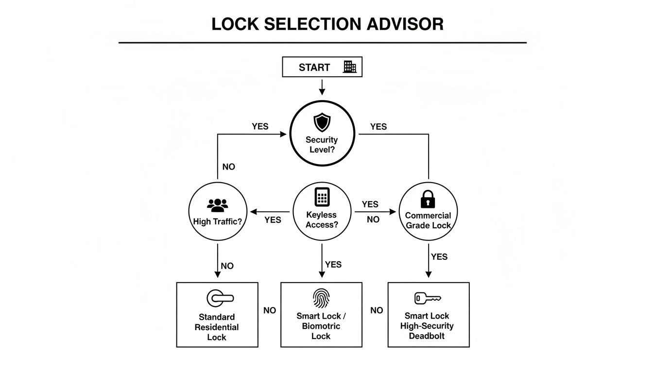 A lock selection advisor flowchart helping users choose the right lock based on security, traffic, and keyless access.
