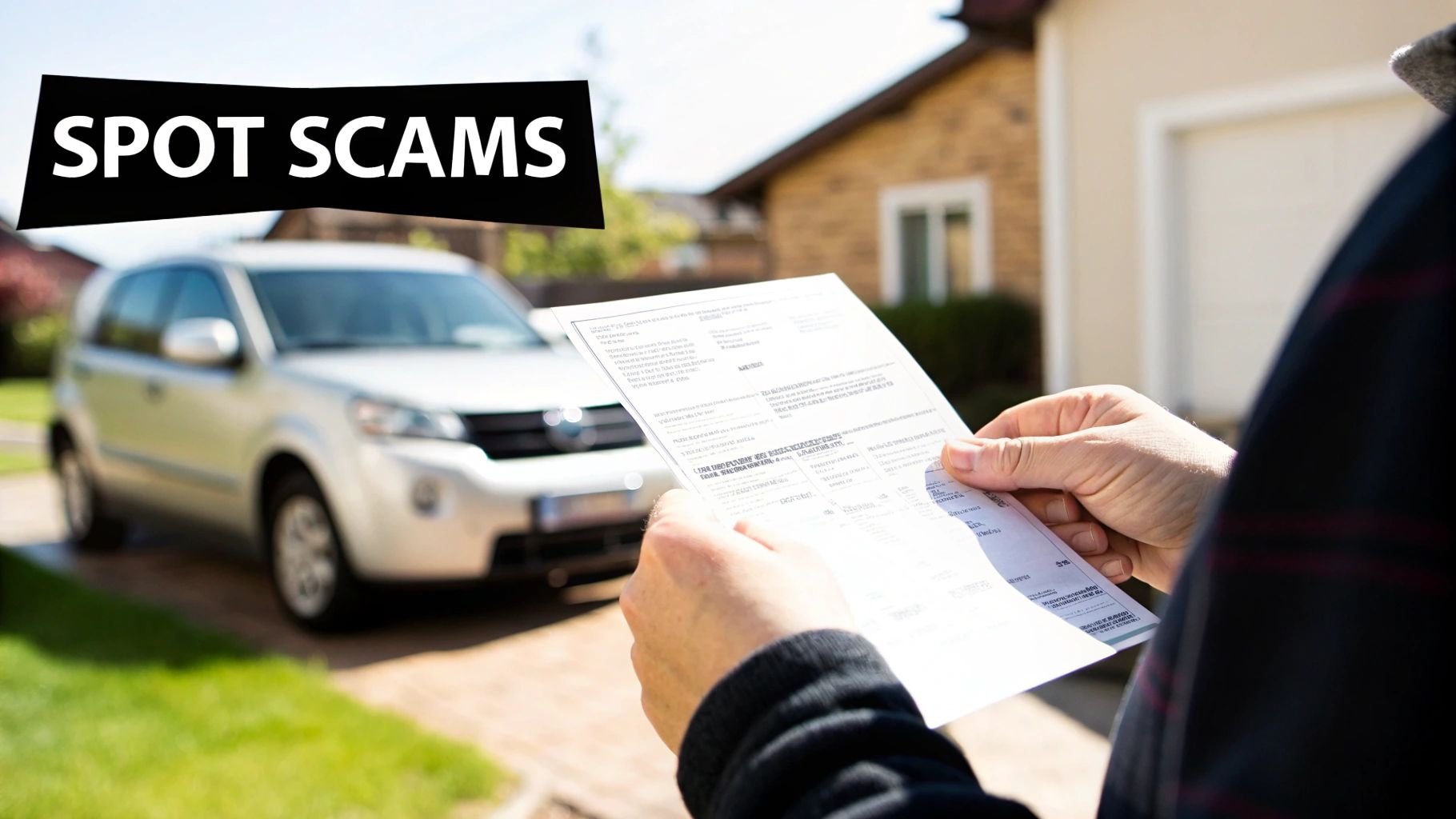 Person holding and examining a document or bill, with a car and house in the background, and 'SPOT SCAMS' text.