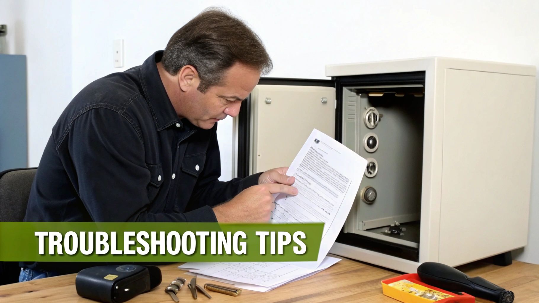 A man troubleshooting an open safe, reading instructions on a document with 'TROUBLESHOOTING TIPS' overlay.