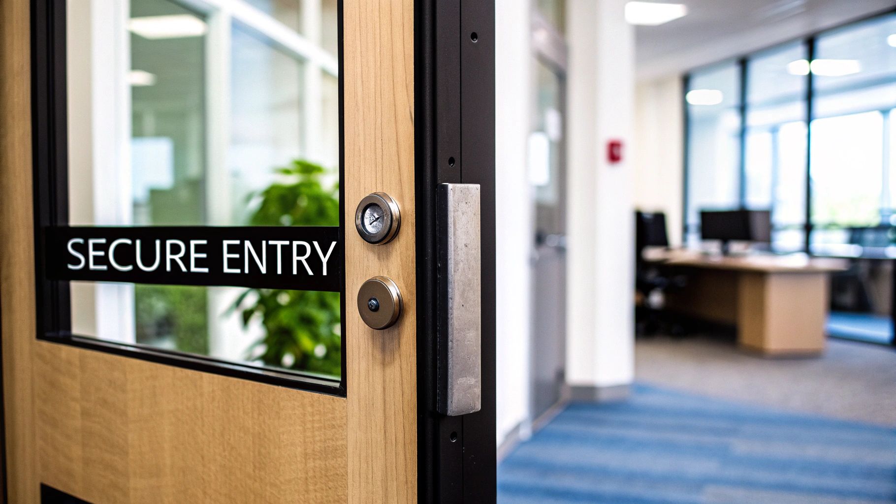 A modern wooden door featuring a 'SECURE ENTRY' sign and advanced keyless security locks.
