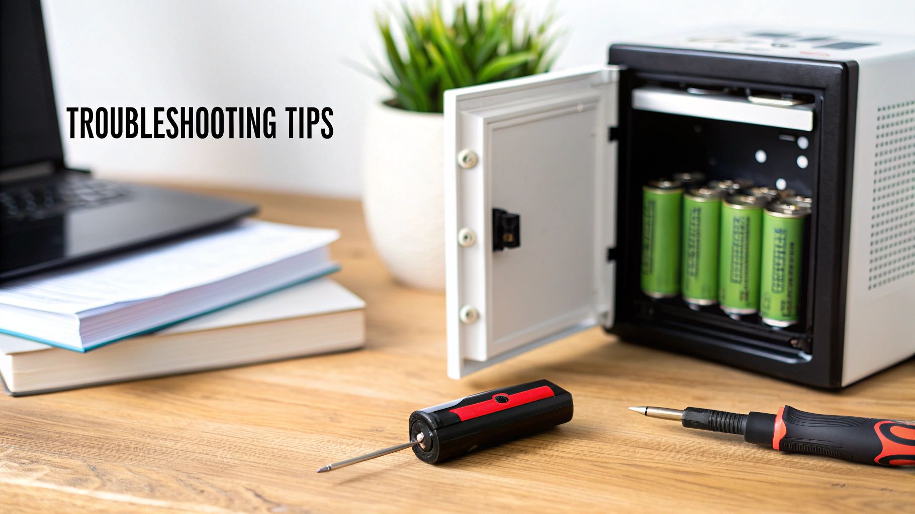 Desk with laptop, books, plant, and an open safe with batteries, alongside troubleshooting tools.