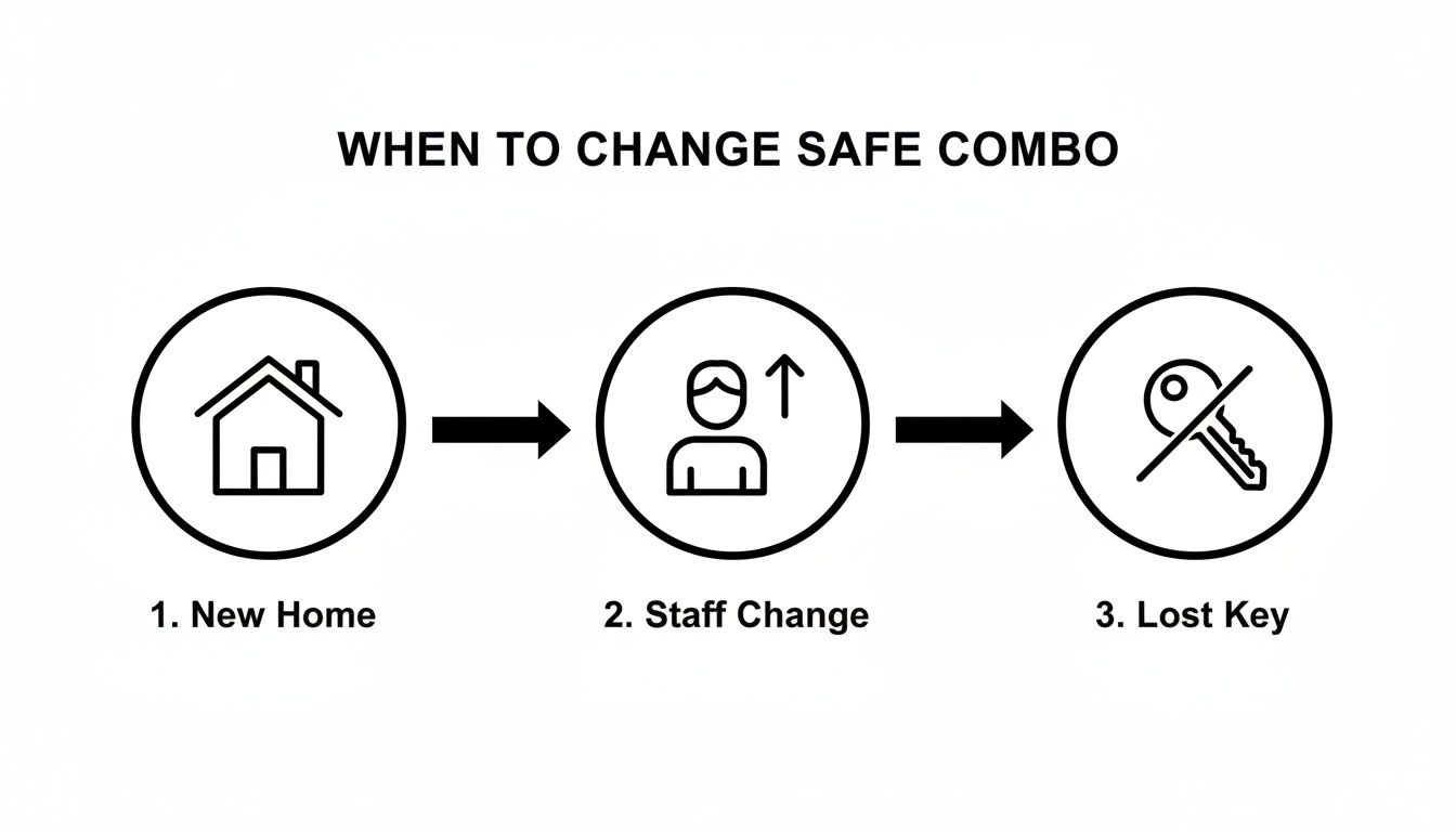 Diagram illustrating three key reasons to change a safe combination: new home, staff change, or lost key.